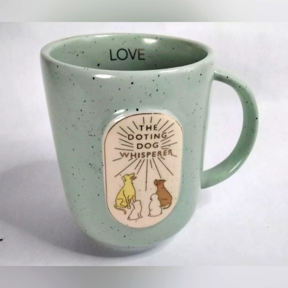 DOTING DOG WHISPERER SPECKLED TEAL GREEN ANTHROPOLOGIE MUG LOVE NEW